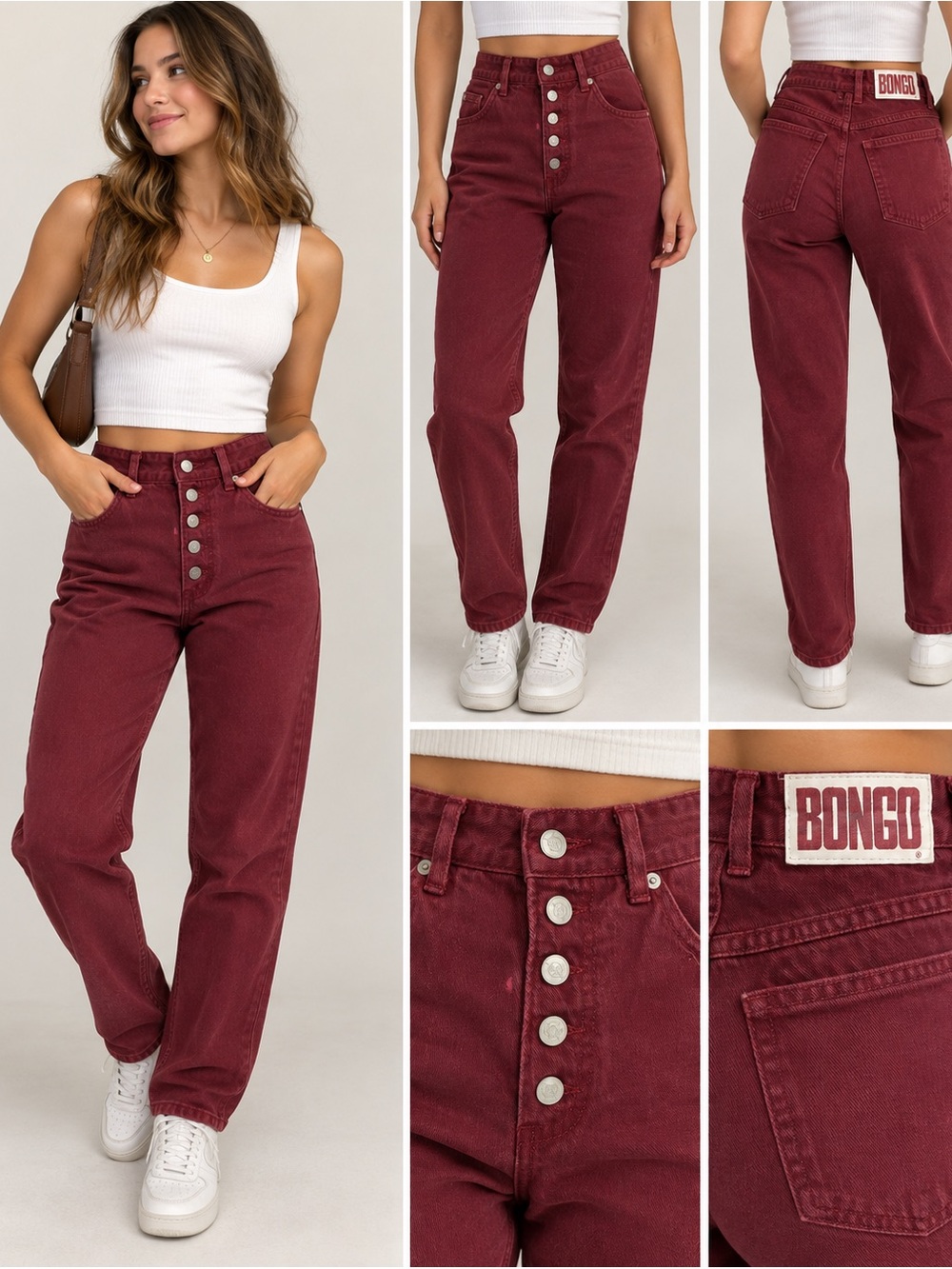 Vintage BONGO Burgundy High Rise Button Fly Jeans Size 7 Made USA